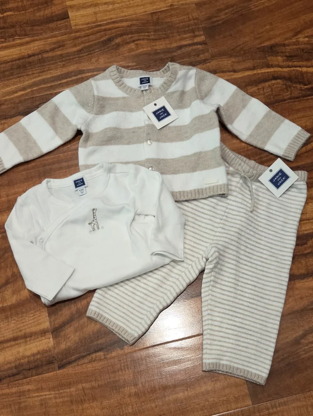 Janie and Jack NWT 6-12 month striped sweater, giraffe bodysuit and pants set
